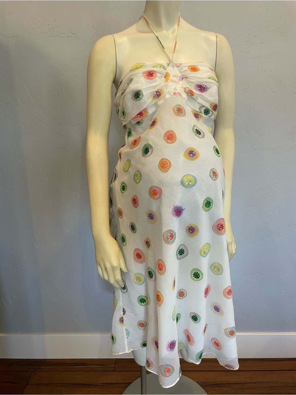 Tocca cotton and silk Halter Midi Dress with Colorful embellished Polka dots M